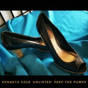 Kenneth Cole Peep Toed Black Crinkle Patent Pumps